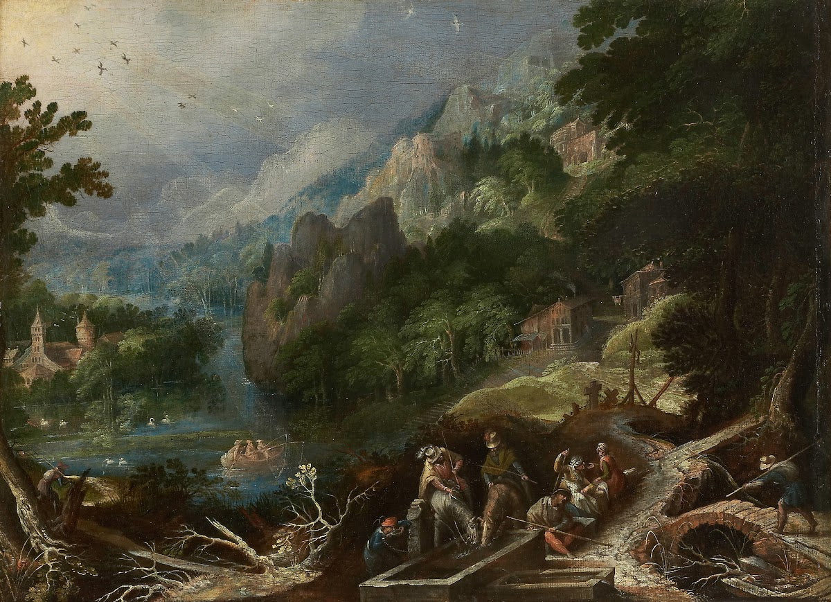 Mountain Landscape with Travelers at a Well ca 1610 1620