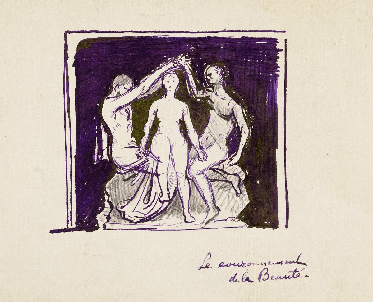 Etude dune femme nue entourée de deux hommes nus levant les bras au dessus de sa