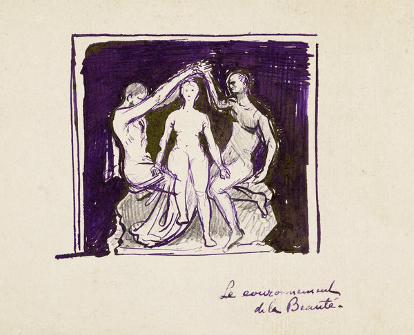 Etude dune femme nue entourée de deux hommes nus levant les bras au dessus de sa