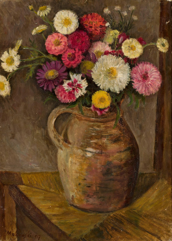 Asters and zinnias in a clay jug 1917