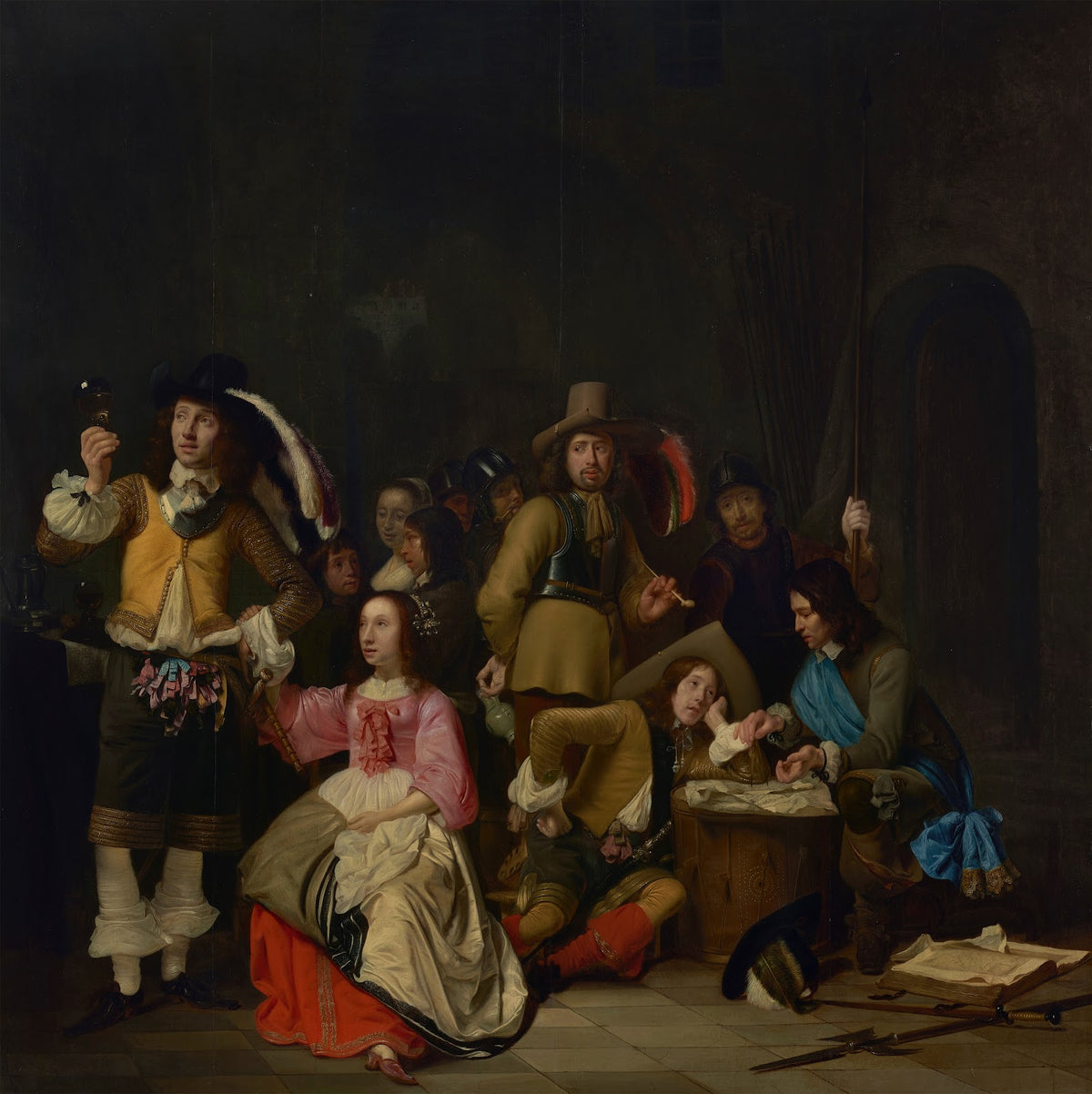 A company of soldiers in a guardroom