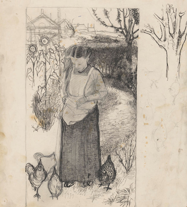 Annie Mankes Zernike kippen voerend rechts studies van een boom en van kippen 19