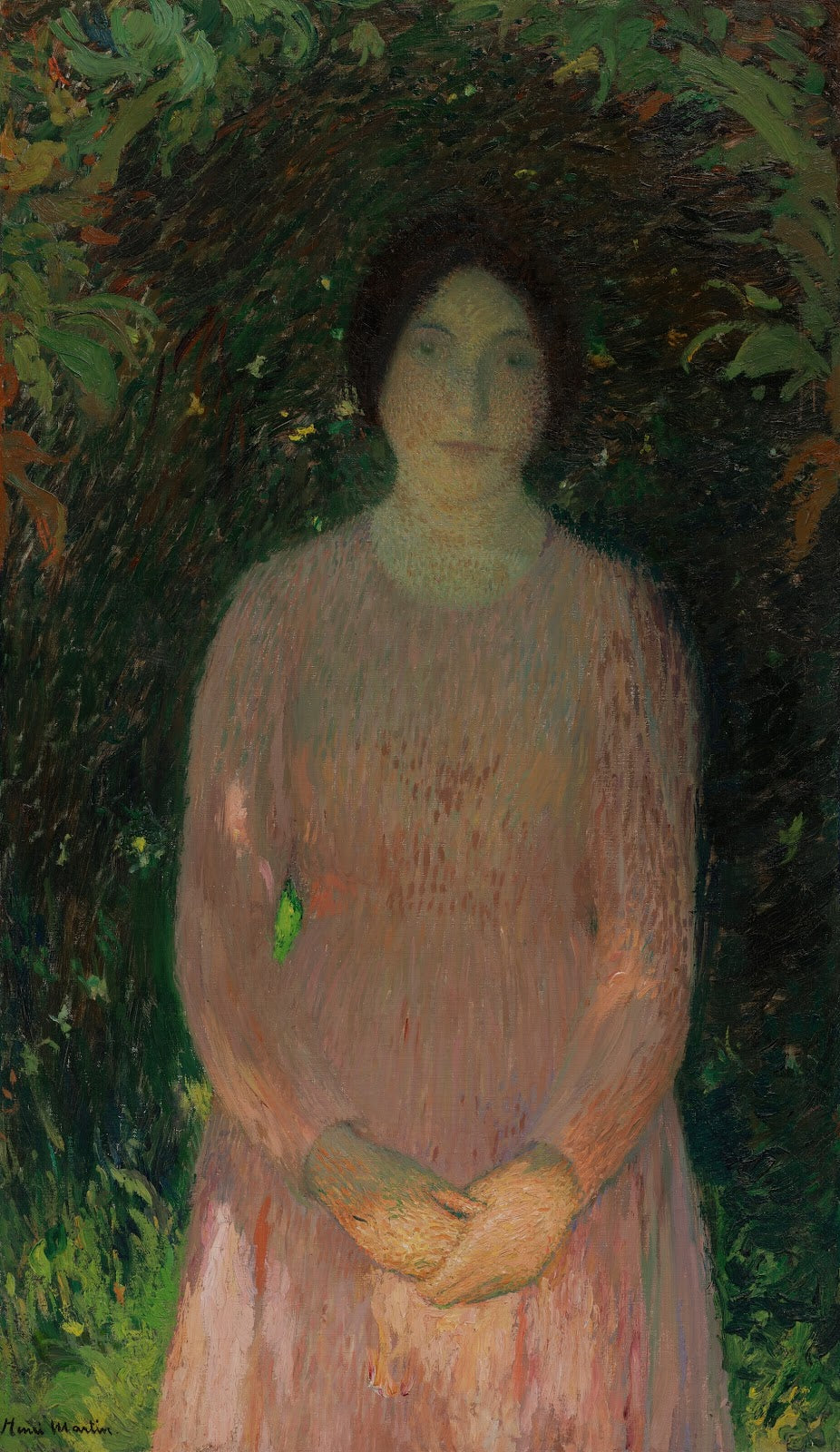 Jeune fille en rose sous une voûte de feuillage circa 1895