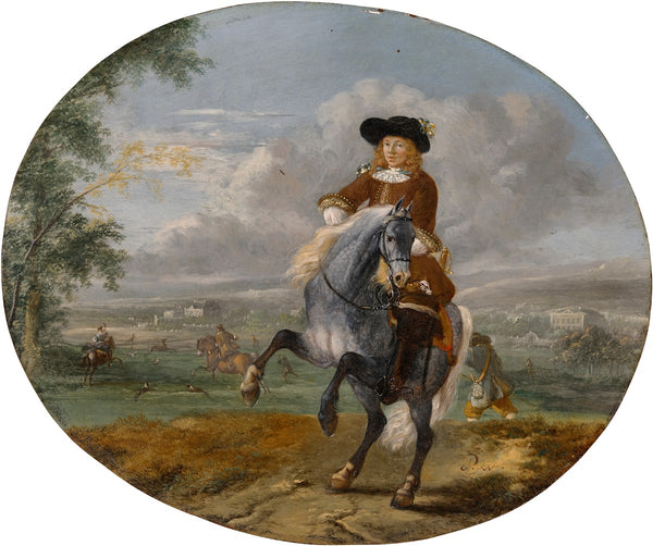 A portrait of a young man on a grey mount a landscape with a deer hunt beyond