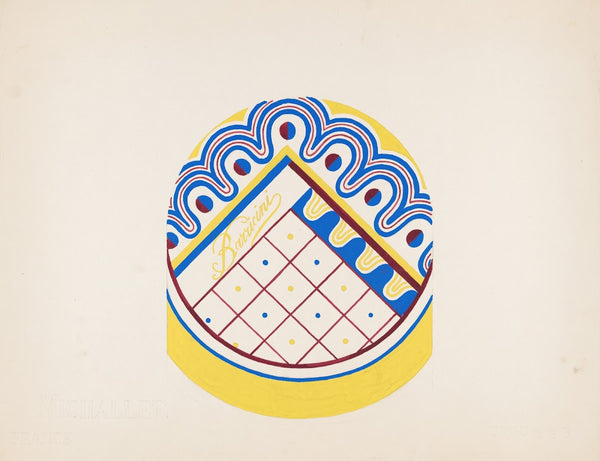 3 D Study for circular box with grid and dotted wavy border in blue red and gree