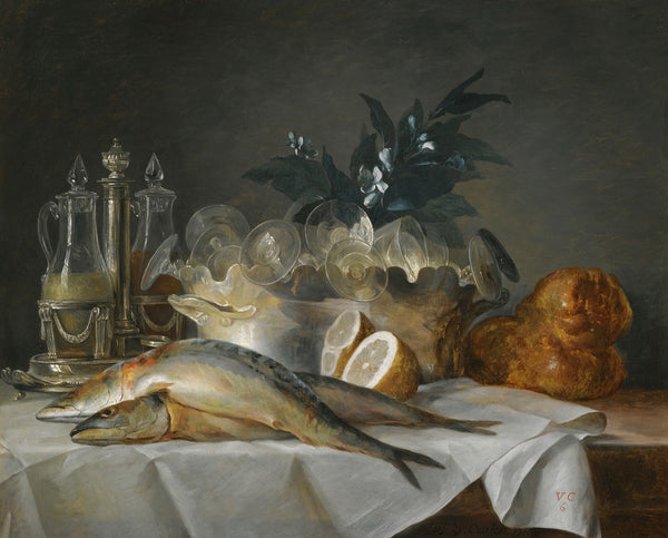 A Still Life Of Mackerel Glassware A Loaf Of Bread AndLemons On A Table With A W