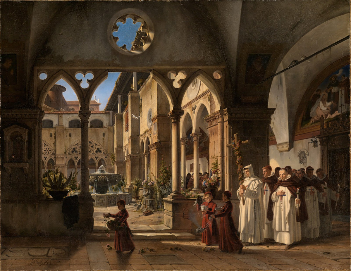 Klosterhof mit Prozession von Trinitariermönchen 1831