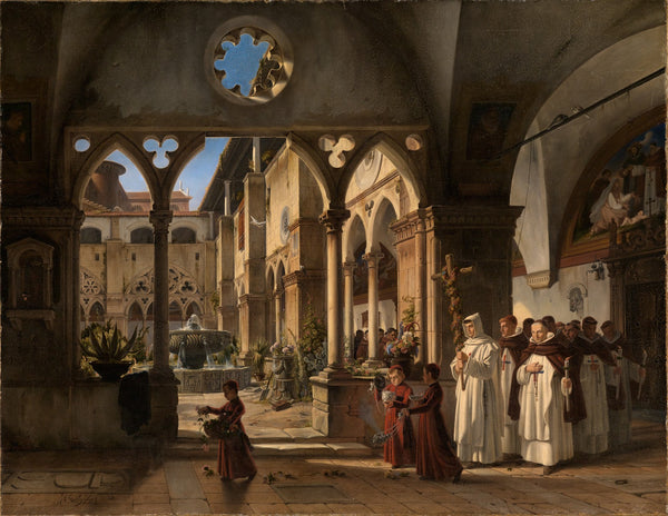 Klosterhof mit Prozession von Trinitariermönchen 1831