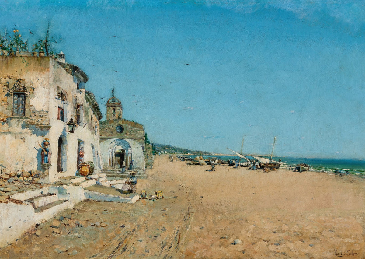 Coastal town beached fishing vessels in the distance