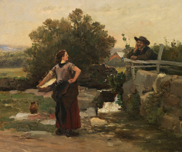 Washerwoman and boy talking on the creek bank ca1890