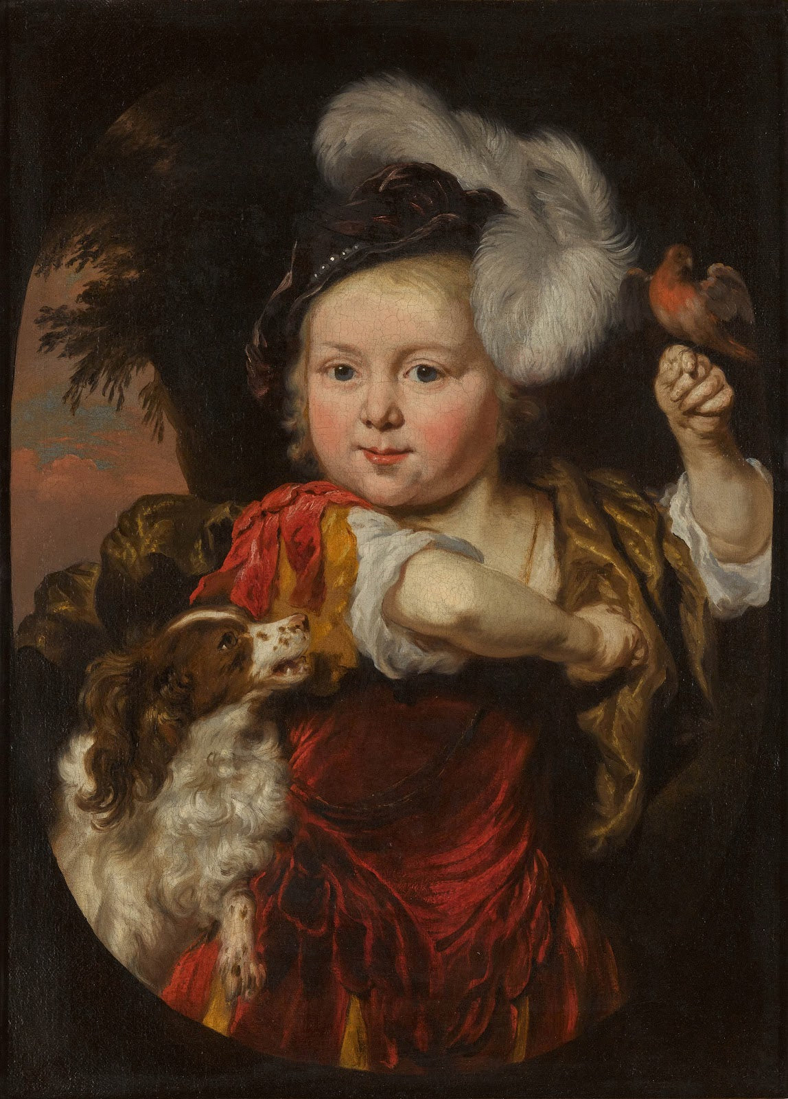 Portrait of a boy with a bullfinch and a spaniel