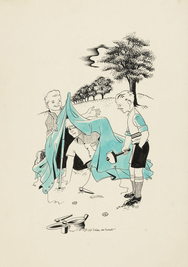 Drie jongens zetten een tent op 1947