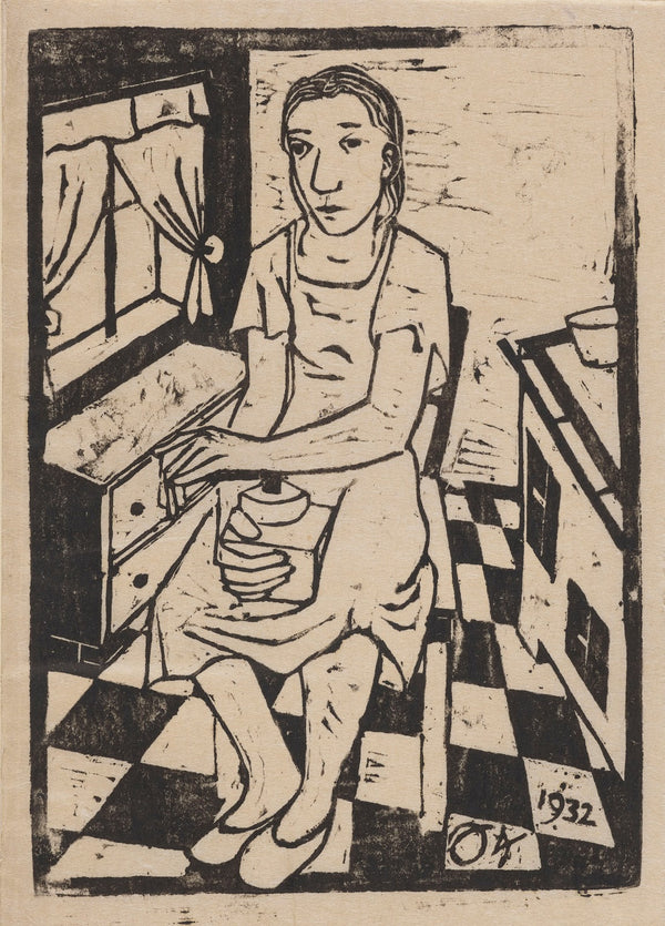 Woman Sitting on a Kitchen Chair Holding a Coffee Grinder 1932