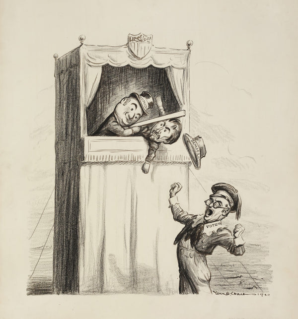 A man representing voters depicted as a young boy yawns and watches a puppet sho