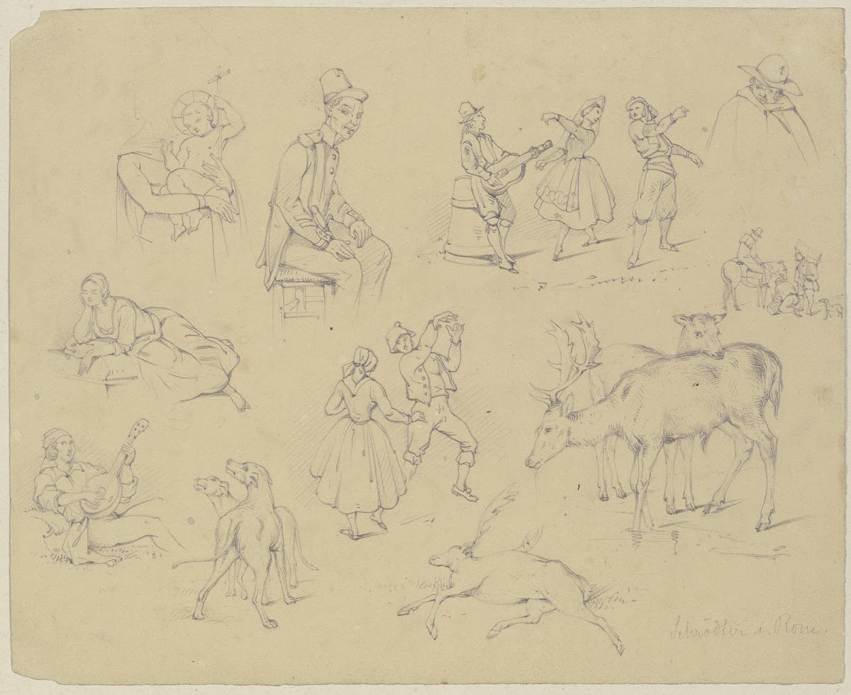 Studienblatt Madonna und Kind Szenen aus dem italienischen Volksleben Hunde und