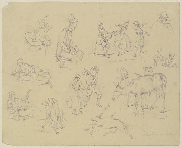 Studienblatt Madonna und Kind Szenen aus dem italienischen Volksleben Hunde und