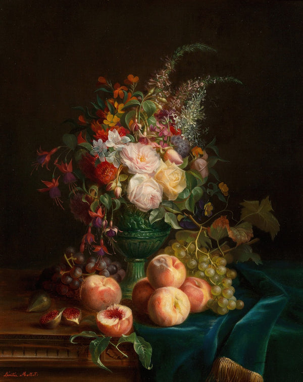 Still life with flowers and peaches