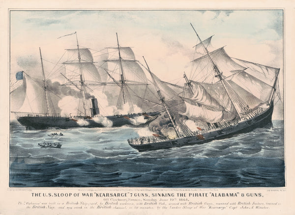 The US sloop of war Kearsarge 7 guns sinking the pirate Alabama 8 guns off Cherb