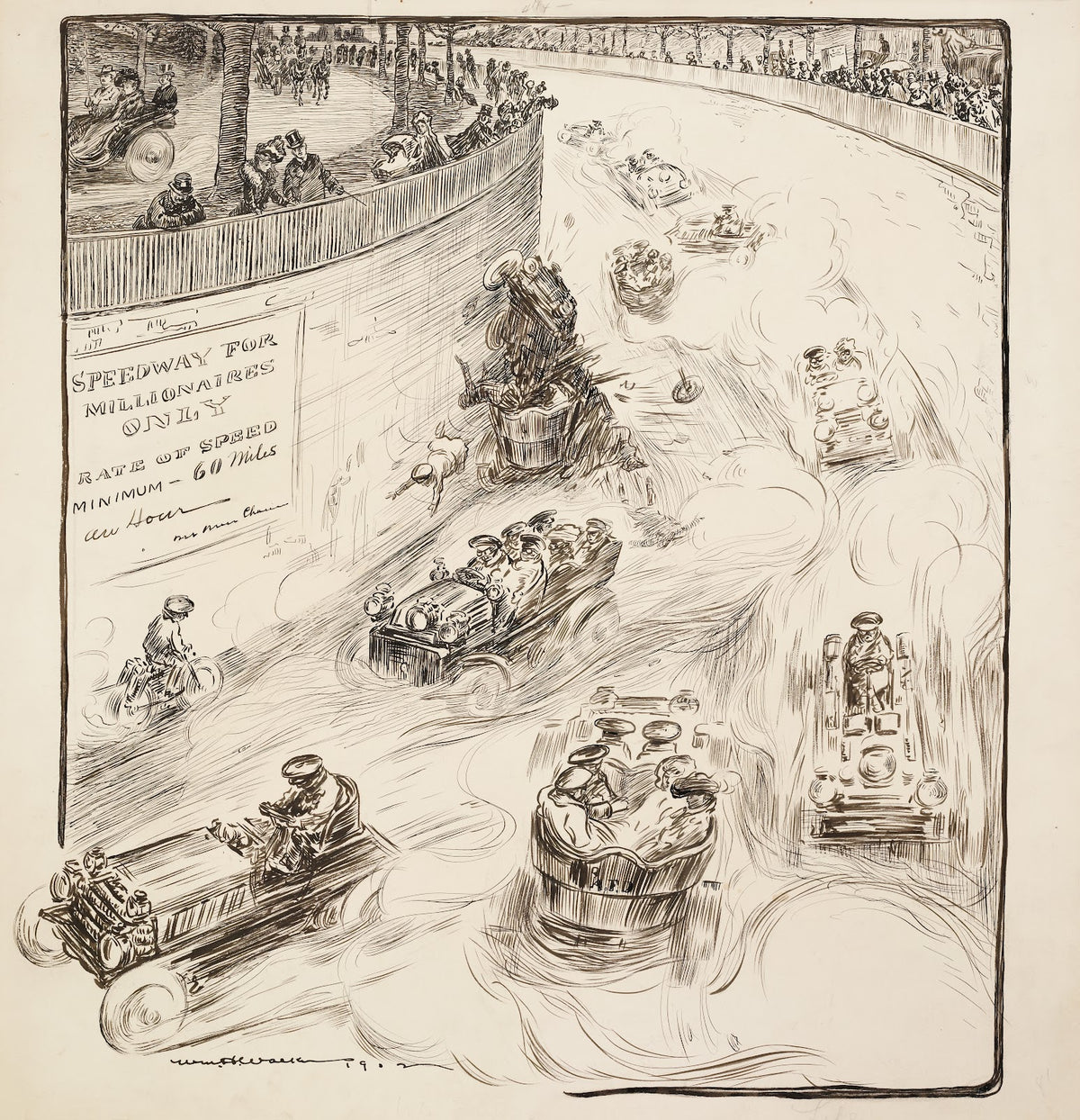 An auto race for millionaires only Cars run in either direction and there is a c