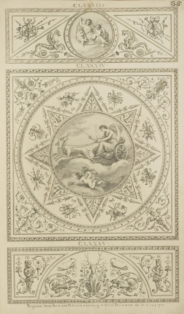 Central design of moon goddess riding stag drawn chariot across the sky 1777 1