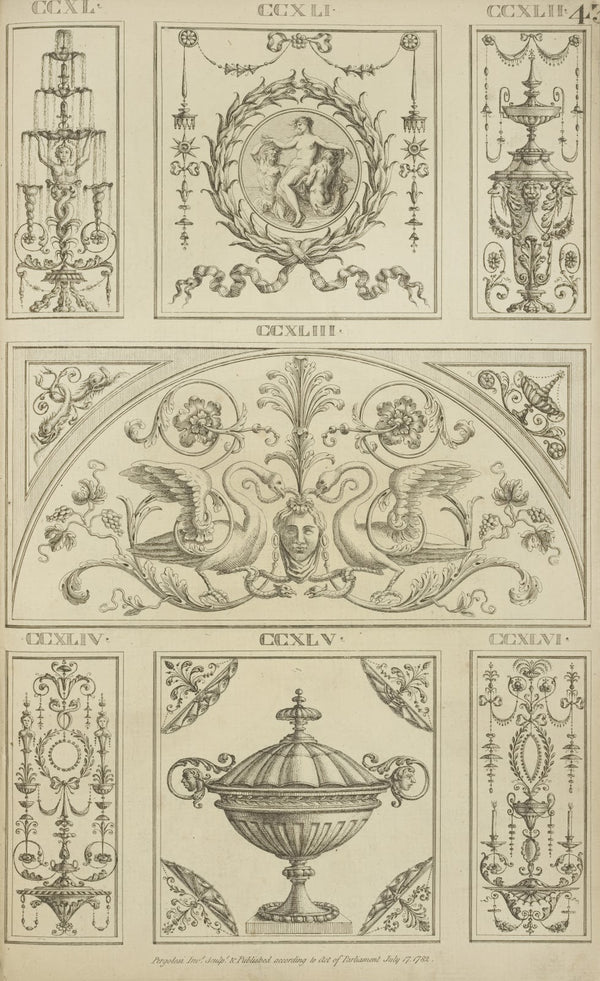 Central tympanum shaped design with two swans and a womans face 1777 1784
