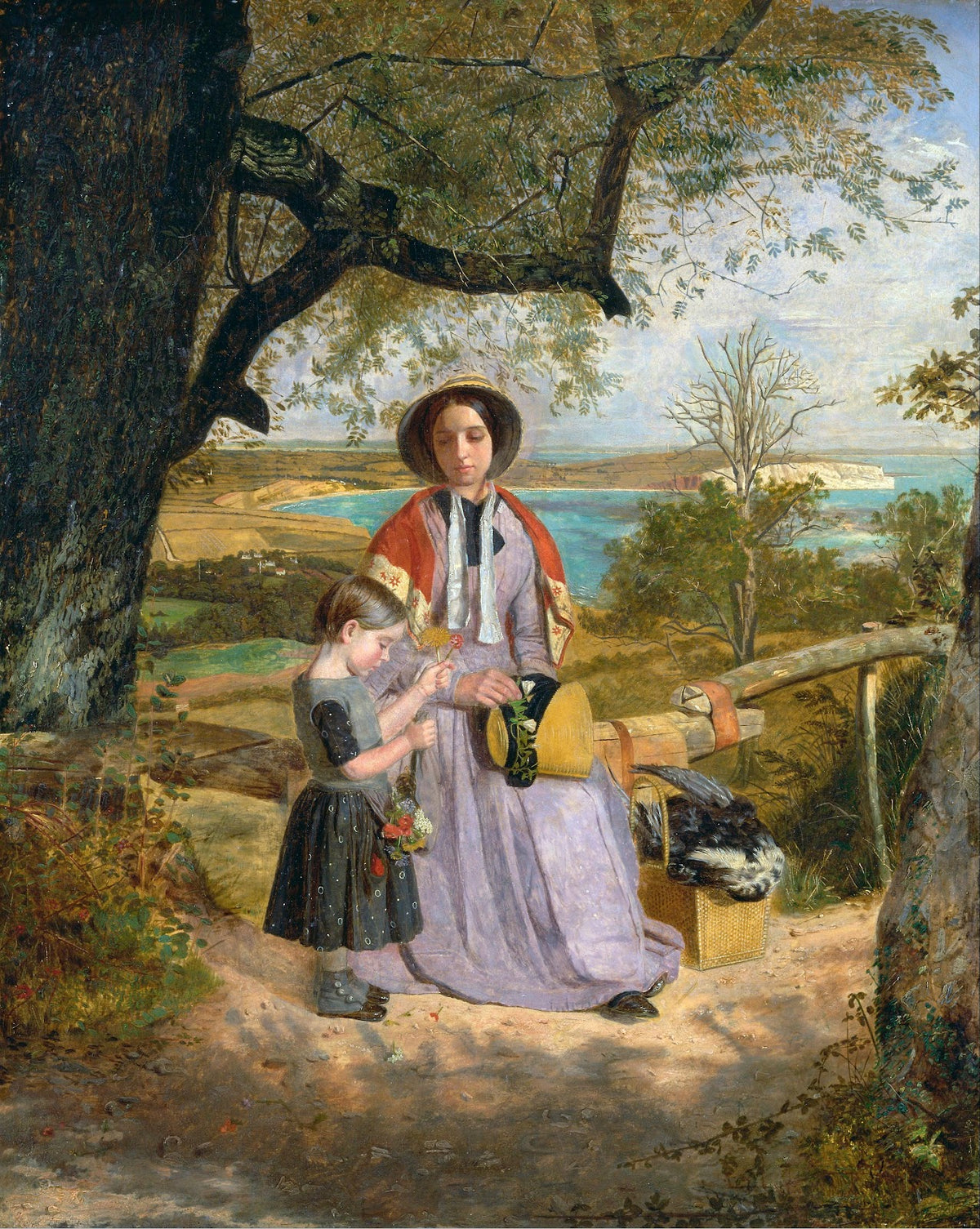 Mother and Child by a Stile with Culver Cliff Isle of Wight in the Distance