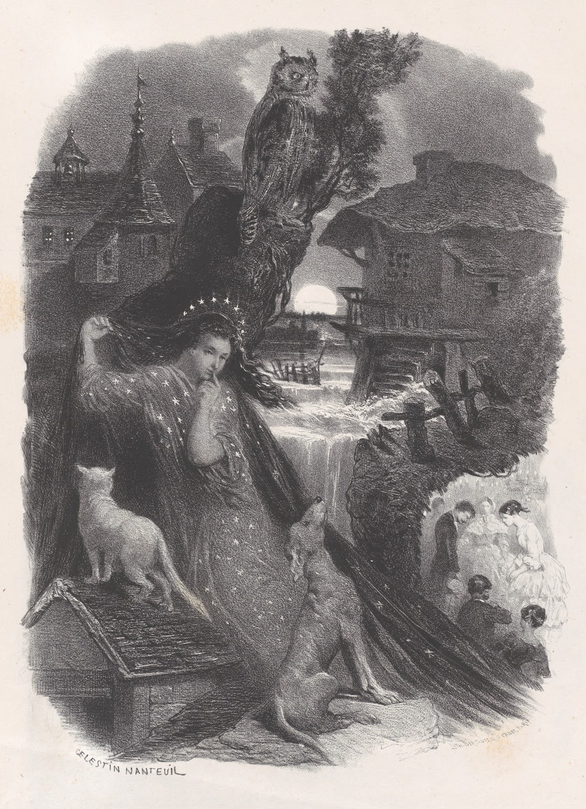 Night vignette of girl in 18th century costume picking roses on verso ca 183065