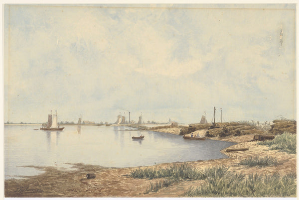 Het Noordzeekanaal te IJmuiden met vissersboten op de achtergrond in het m een f