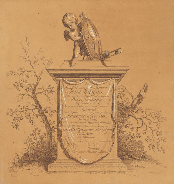 Staande putto op een monument met opdracht aan Jonas Witsen 1765