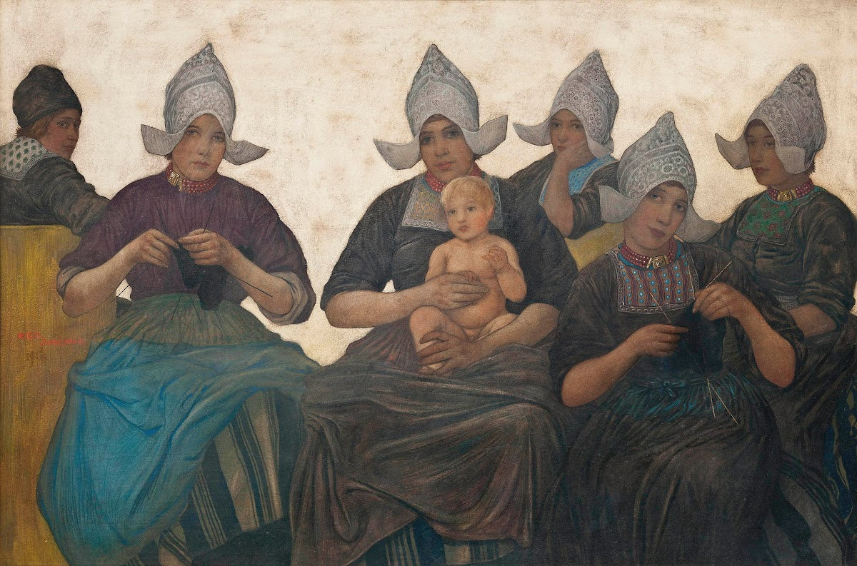 Dutch ladies knitting in traditional dress