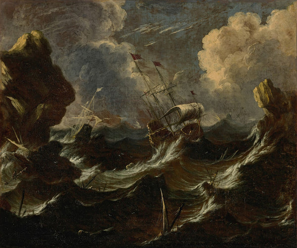 Frigates in a storm off a rocky coast