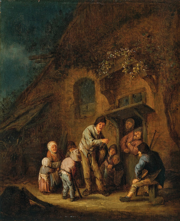 A farmyard with children and peasants listening to a hurdy gurdy player 1638