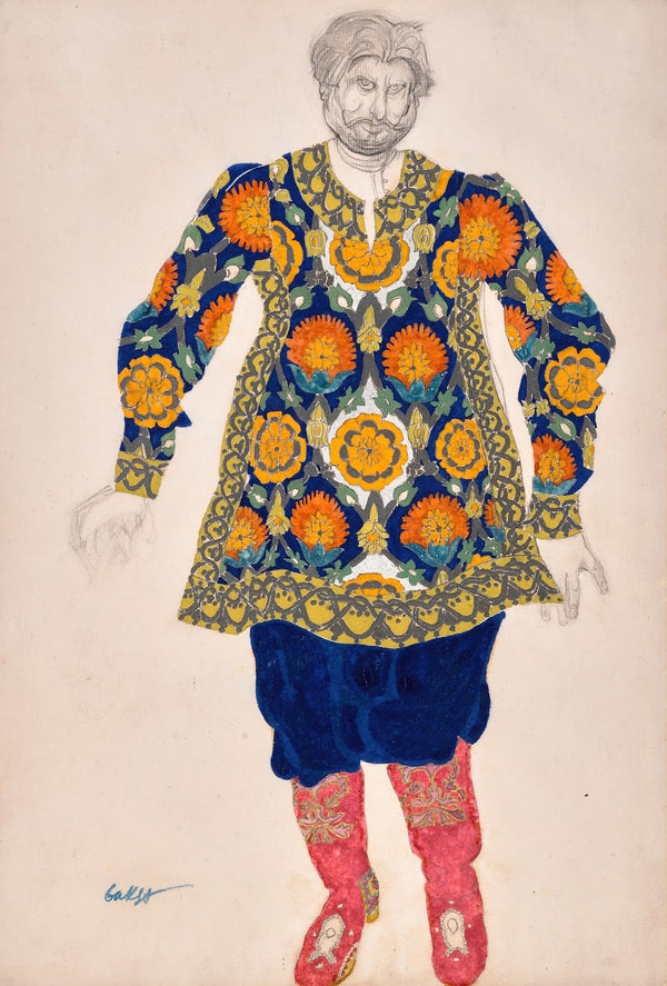Costume design for Sadko Man with embroidered shirt and red boots circa 1917
