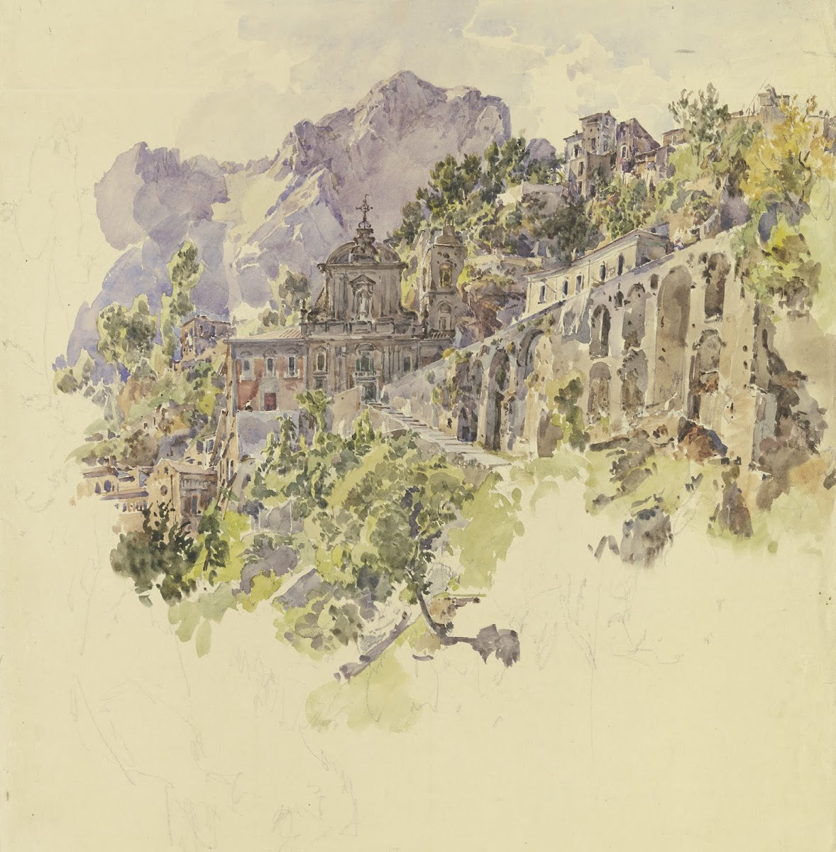 Kloster im Gebirge mit großen Terrassen und Treppen ca 1841 1847