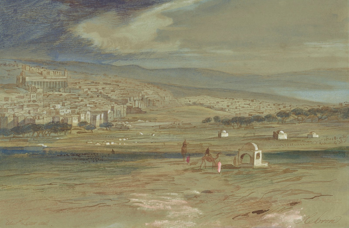 A view of the city of Hebron with camels and figures in the foreground