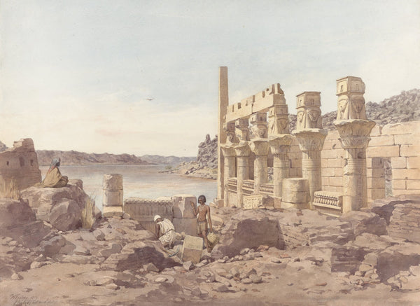 Gezicht op de tempelruïnes te Philae bij Aswan 1859