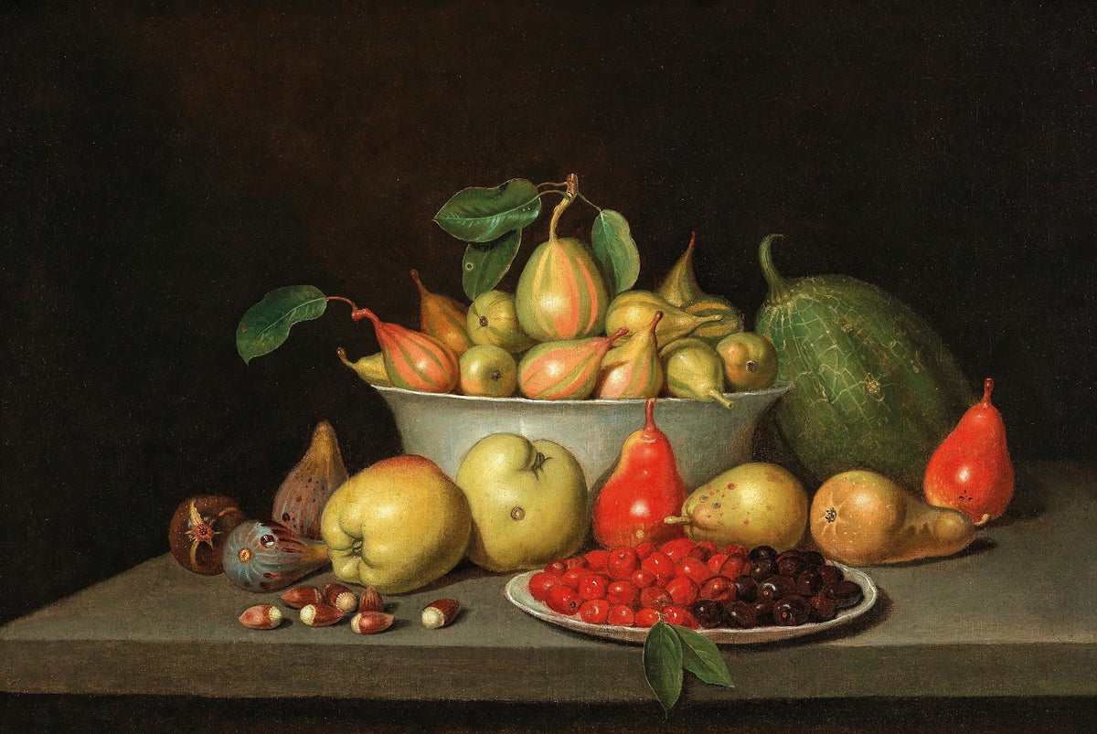 A still life of fruit on a ledge