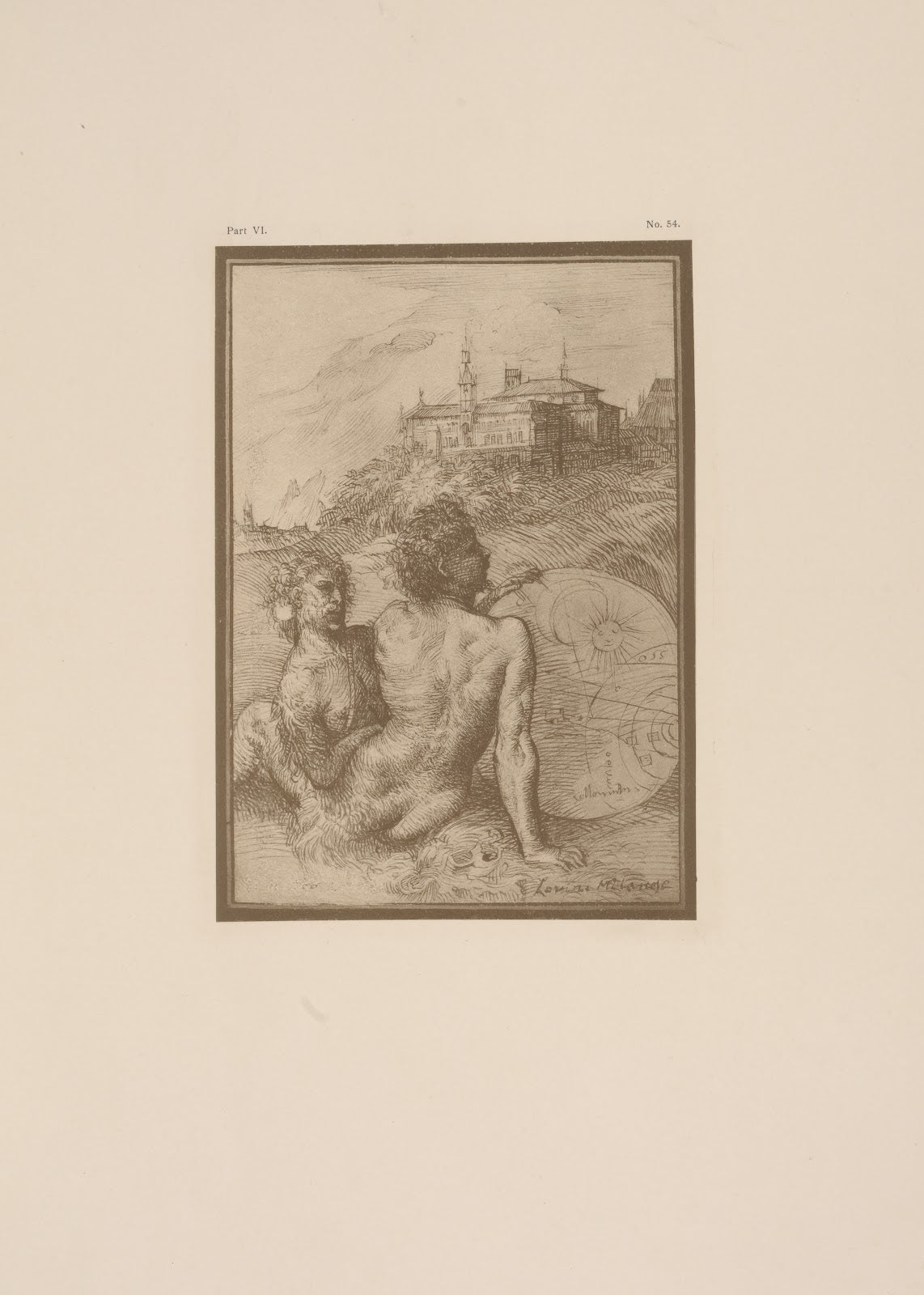 Drawing of two nude figures in a landscape 1900