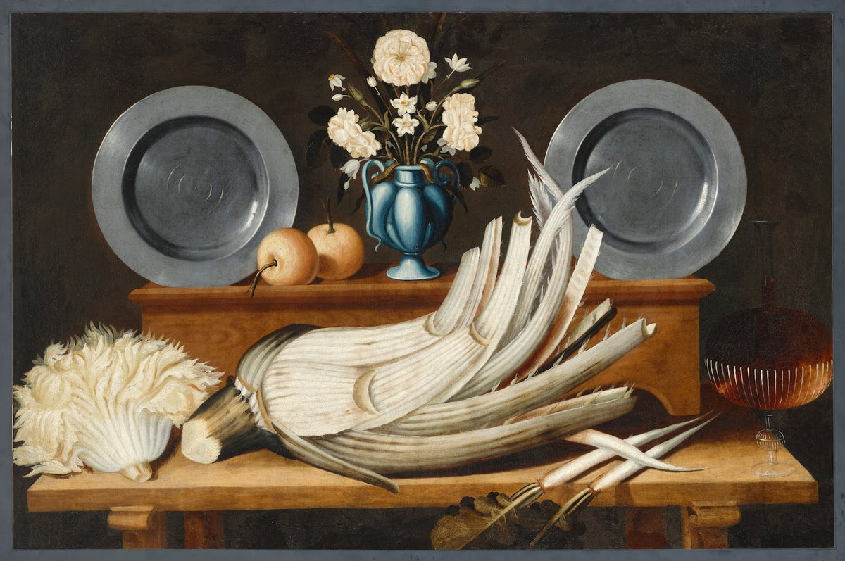 Still Life with Cardoon Pewter Plates and Vase of Flowers 17th century