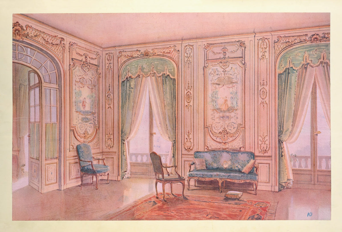 Salon peint style régence décoré de panneaux peints par Lancret 1907