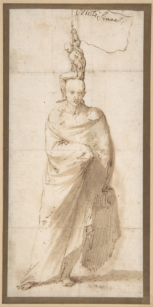 Man Wearing a Large Cloak and a Small Naked Man on His Head ca 163740