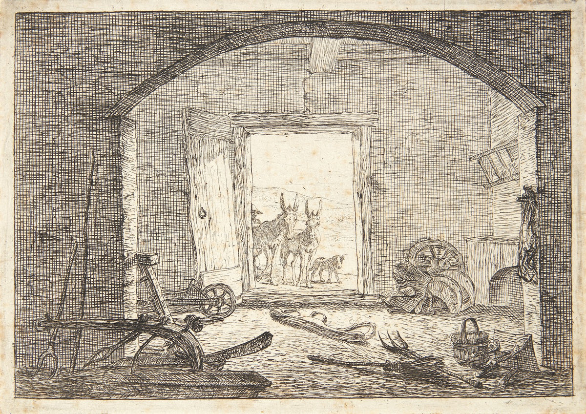 To muldyr i indgangen til en stald 1638