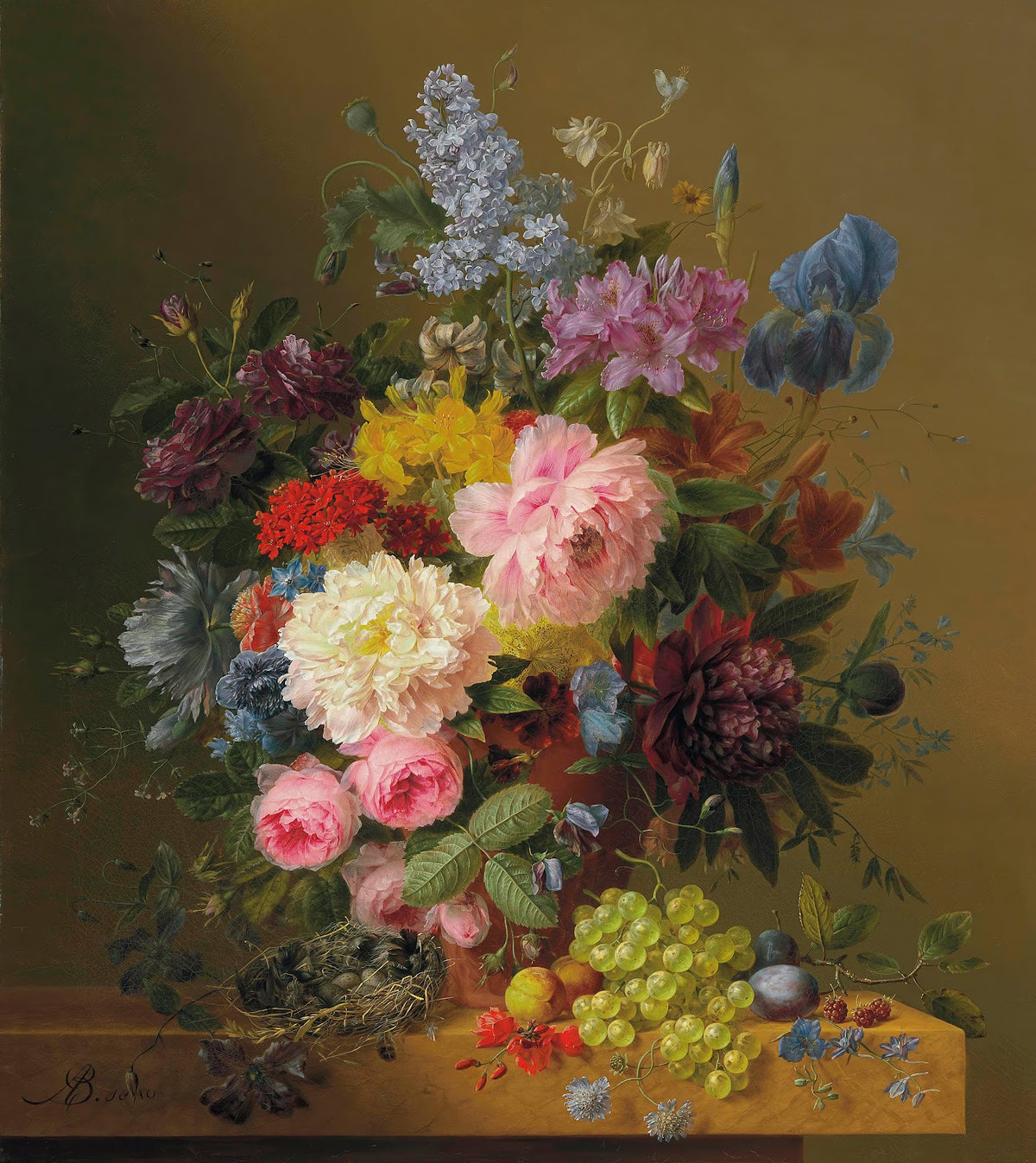 Peonies Tulips Roses Irises and other Flowers with Fruit and a Birds Nest on a M