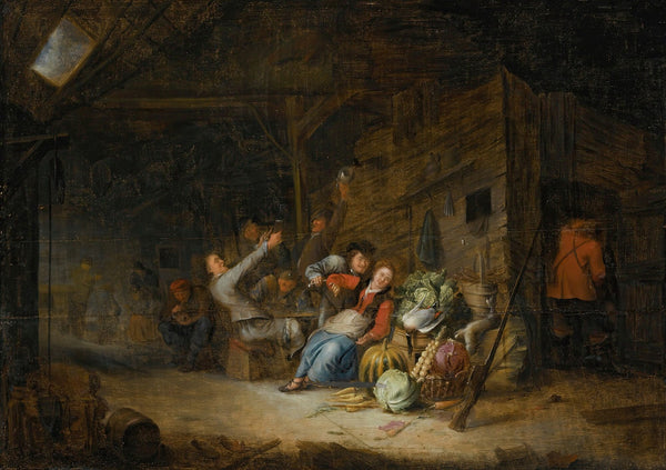 A Barn Interior With Figures Drinking Around A Table