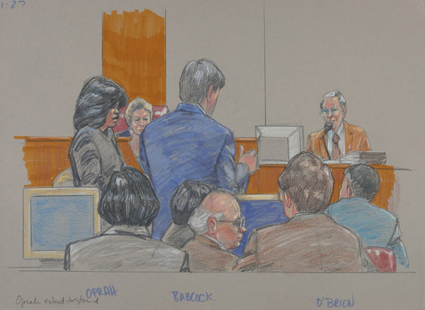 Oprah Winfrey standing as her attorney Charles Babcock questions plaintiff Bill