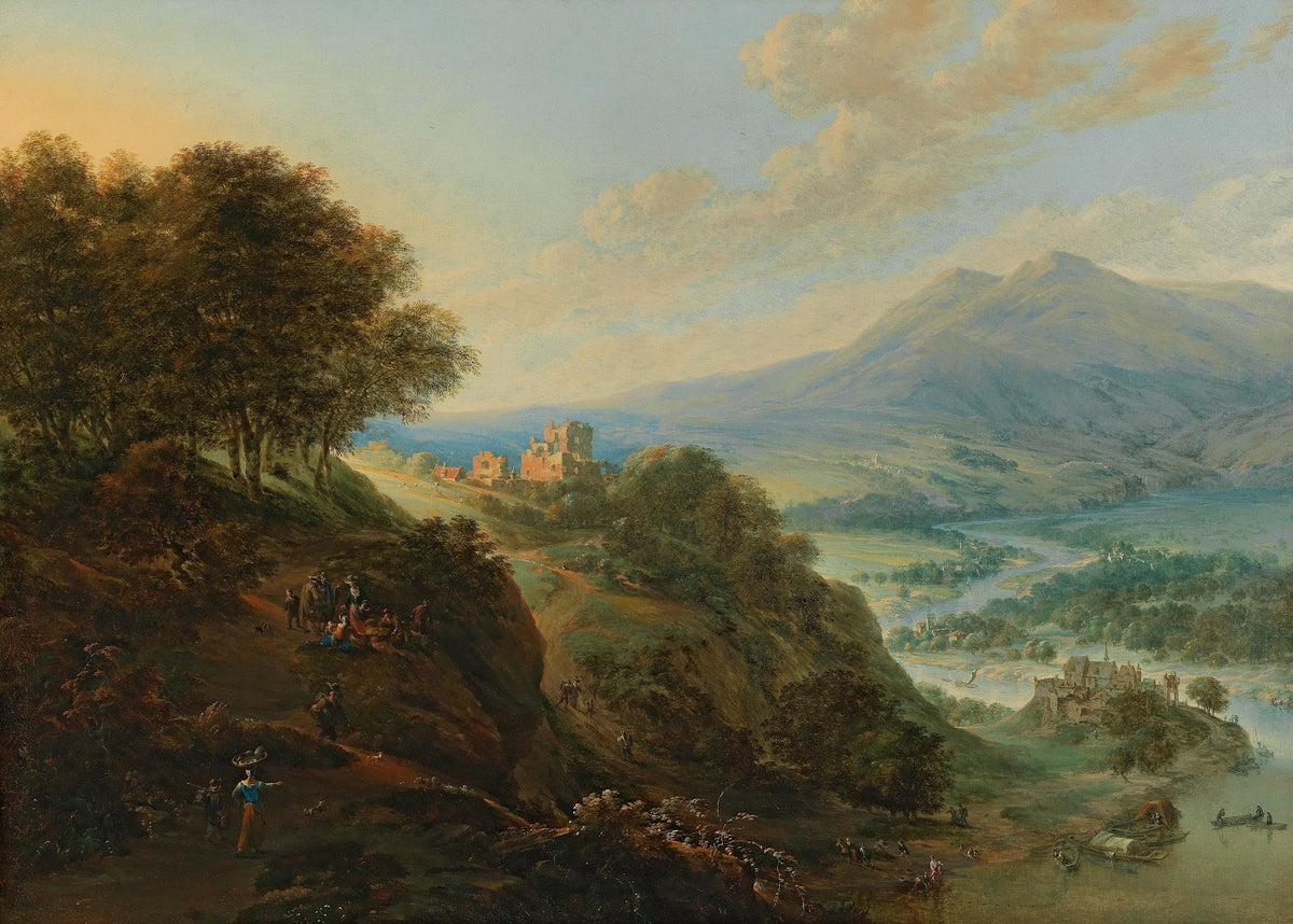 A vast mountain landscape with peasants resting near a path and a small fortifie
