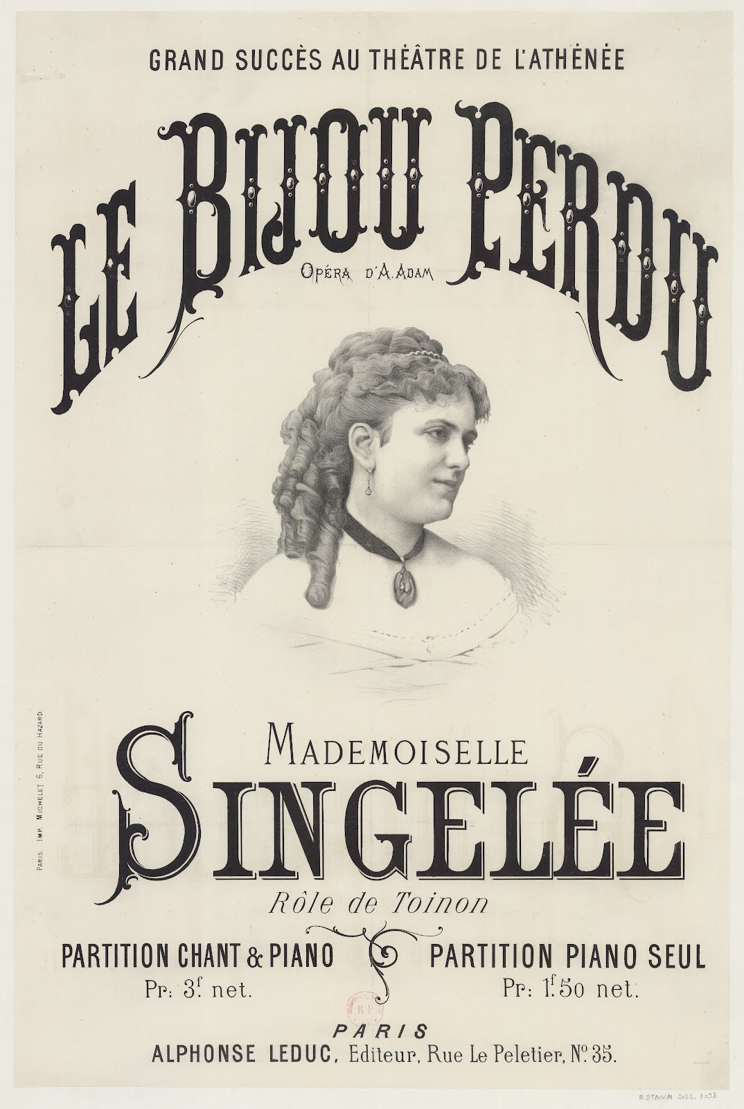 Le bijou perdu opéra dA Adam Mademoiselle Singelée rôle de Toinon 1872