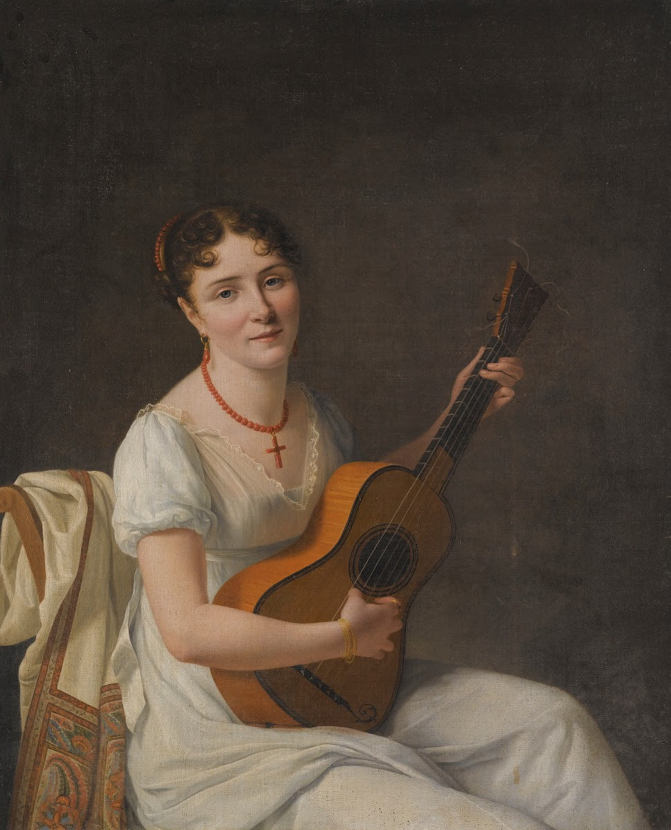 Portrait Of A Lady Seated In An Interiorwearinga White Dress And Playing The Gui