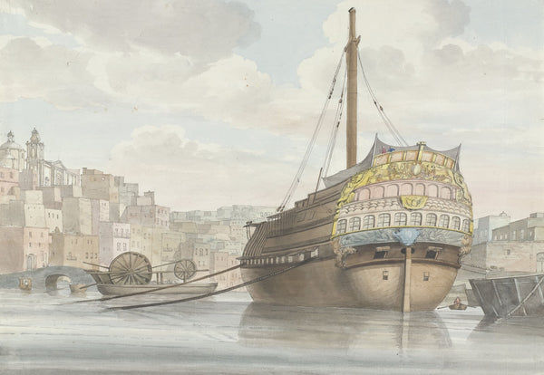 Gezicht op haven met galei schip vlakbij de werf 1778