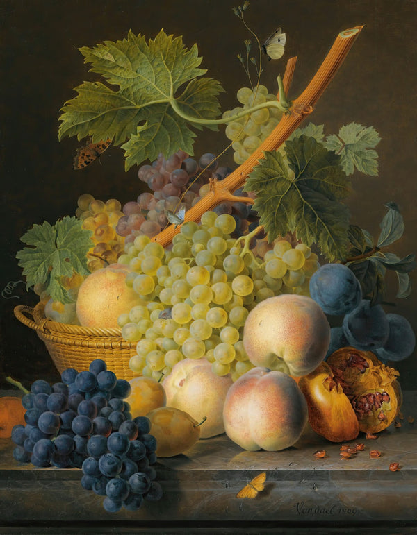 A Still Life With Grapes AndPeaches In A Basket An Open Pomegranate Plums Black